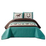 WPM WORLD PRODUCTS MART Western Teal/Beige/Brown Horseshoe, Horse, Barb Wire Cowboy Print Queen Size Bedspread 3 Piece Southwestern Cabin Lodge Design Coverlet Quilt Set- JENA (Queen)