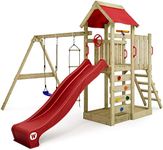 WICKEY Wooden climbing frame MultiFlyer with swing set & red slide, Outdoor kids playhouse with sandpit, climbing ladder & play-accessories for the garden