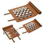 Woodronic Roll Up Backgammon Chess Checker Set, Travel Game Set of Suede Leather With Gift Packaging, Brown, Kid