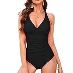 YNIQUE Women's One Piece Bathing Suits Tummy Control Swimsuits V Neck Ruched Slimming Swimwear Cross Back Black