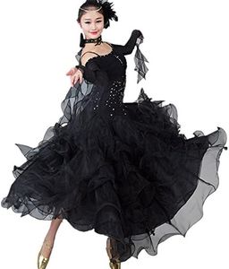 YC WELL Women Modern Waltz Tango Smooth Ballroom Dance Dress Standard Ballroom Dress(Black,2XL)