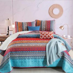 WONGS BEDDING Bohemian Quilt Set Queen, Boho Striped Pattern Printed Bedspread Coverlet Set for All Season, Microfiber Lightweight Bedspread for Summer 96"x90"(3 Pieces, Colorful)