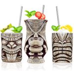 Ceramic Tiki Glasses Cocktail Glasses Tiki Mugs Set of 3 Exotic Tiki Cup Professional Tiki Bar Decorations for Hawaiian Party Barware (3PCS)