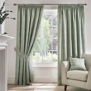 Dreams & Drapes - Green Floral Jacobean Curtains W66 x L54 (168 x 137cm) - Sage Green Floral Pencil Pleat Curtains - Light Green Botanical Flower Curtains - Green Pleat Curtains With Tie-Backs