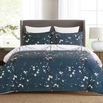 YEPINS Microfiber Quilt Duvet Cover Set with Zipper Closure and Corner Ties, Tree Branch Printed Pattern, Navy Blue and White Color, Reversible Design- Super King Size(260X220CM)