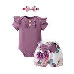 Infant Baby Girls Summer Clothes Romper Newborn Solid Ruffle Short Sleeve Floral Shorts Headband 3pcs Outfit Set Purple 6-9 Months