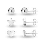 Amazon Brand - Nora Nico Sterling Silver BIS Hallmarked Set of 3 Pairs 925 Ball Star Heart Small Stud Earrings for Girls