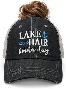 COCOVICI Womens Lake Hair Kinda Day Hat | Lake Hair Messy Bun Top Ponytail Top Opening Hat | Lake Lovers Cap | Lake Life Hat | 901 Grey