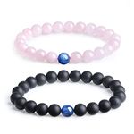 COAI Long Distance Relationship Onyx and Rose Quartz Kyanite Gemstone Matching Set Stones Bracelet (2pcs)