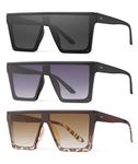 HENGOSEN Square Oversized Sunglasses for Women Men Large Flat Top Women Trendy Fashion Sun Glasses UV400 3 Pack (3 Pack Black/Purple//Gradual Brown)