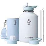 Coolflask 2L Water Bottle Stainless Steel with PU Leather Sleeve, Insulated Water Bottles Color Contrast with Straw Lids, Half Gallon Metal Water Bottle, Keep Cold 48h Hot 24h, Glacier White