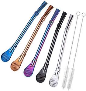 Yerba Mate Bombilla Stainless Steel Straw Loose Leaf Tea Infuser Dringking Spoons Filter Stirring Straws Pack of 5 with 2 Cleaning Brush