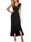 Miusol Women's Elegant V Neck Ruffle Split Style Cocktail Formal Long Dress (Large, Black)