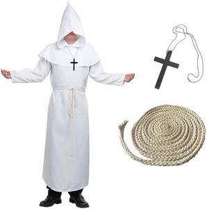 BIGLUFU Costume da Monaco Sacerdote Accappatoio Frate Medieval Rinascimentale Abito da Monaco, Mantello con Cappuccio, Medieval Cappuccio Vestito da Monaco frate per Halloween Carnevale (Bianco, XXL)