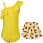 swimsobo Girls One Piece Swimsuit One Shoulder Bathing Suit with Skirt Adjustable Strap Swimwear for Size 5-12 Years, Sun Flower, 9-10 Years