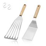 2pcs Fish Spatula, TACYKIBD Stainless Steel Spatula Turner with Wooden Handle and Hooks, 12 Inch Slotted Metal Spatula for Flipping Frying Grilling Cooking Fish Eggs Meat French Fries