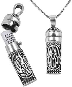 AJDesign Mezuzah Necklace for Men or Women in 925 Sterling silver Shema Yisrael, Chamsa, Hebrew Chai, Holyland Sand, Menorah, 18 Inches Chain, Sterling Silver, No Gemstone