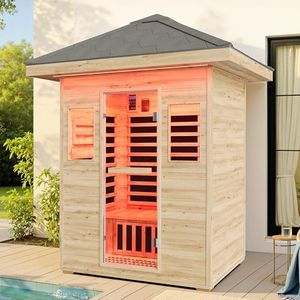Albott Outdoor Sauna 3 Person, Infrared Saunas for Home, Low EMF 2645W/240V/15A Spruce Wood Dry Sauna with Tourmaline Stone Foot Warmer, 7-Color Light Therapy & 2 Bluetooth Speakers, 60.2"x43.3"x98.4"