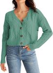 MEROKEETY Women's Long Sleeve Open Front Cable Knit Crop Cardigans V Neck Button Sweaters with Pockets, Sage, XXL