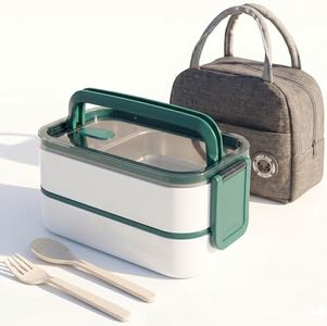 Lunch Box, 1400ML/304 Stainless Steel Bento Lunch Box, Divided Design, with Spoons, Forks and Thermal Lunch Bag Set, Leak-Proof Design, Dishwasher and Microwave Safe, Easy to Clean-Green