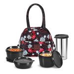 MILTON Floret Tiffin (3 Microwave Safe Inner Steel Containers, 180/320 /320 ml; 1 Stainless Steel Tumbler with Lid, 415 ml) with Insulated Fabric Jacket, Black | Lunch Box | Office