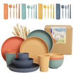 Wheat Straw Dinnerware Sets - Unbreakable Dinnerware Sets w/Wheat Straw Plates, Bowls & Utensils Dishwasher & Microwave-Safe Dishes Set for 4 - Plates and Bowls Sets for All Ages by Slow Hour