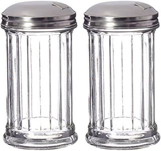 Update International Retro Style Sugar Dispenser/Pourer/Shaker, Glass Jar, Stainless Steel Pour-Flap Lid, 12 oz, Set of 2