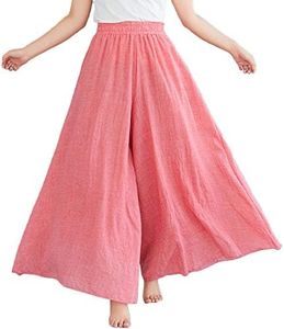 Flygo Women's Pull-On Elastic Waist Wide Leg Linen Pant Palazzo Pants Culottes (Length - 95CM, Watermelon Red)