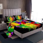 Marijuana Leaf Bed Sheets Set,Cannabis Leaves Sheet Set for Women Adults Girls Marijuana Weed Leaf Botanical Bedding Set,Hemp Fitted Sheet Bedroom Decor 4Pcs Queen Size,Aesthetic Colourful Flat Sheet