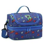 Lunch Bag for Boys, Kasgo Insulated Toddler Lunch Box Bag Large Dual Compartment Kids Cooler Bag Lunch Tote Bag with Adjustable Shoulder Strap for School Picnic, Blue Dinosaur