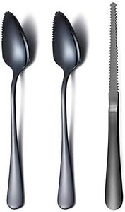 HOMQUEN Black Grapefruit Spoons 3 Pieces Set, 2 Stainless Steel Grapefruit Spoon and 1 Grapefruit Knife with Titanium Plating, Grapefruit Utensil Set, Serrated Edges Spoon Pack of 3 (Black)