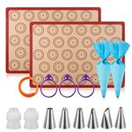 Macaron Baking Mat Sheet Kit, Macaroon Baking kit for Beginner, 2 Non-Stick & Easy Clean Reusable Silicone Baking Mat, 2 Piping Bags and 6 Nozzles Set. 3 Bag Ties and 1 snap Bands(16pcs Sets)