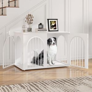 Hzuaneri 100cm Cage pour Chiens, Table d’Appoint, Niche Moderne pour Chiens Intérieur, Cage Chien de Taille Moyenne, Maisonnette pour Animaux, 3 Portes, Porte arquée, 60 x 100 x 63 cm, Blanc