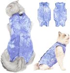 KUTKUT Cat Recovery Suit for Male & Female Surgical Post Surgery Onesie Tie Dye Cats Clothes Neuter Licking Protective Diapers Outfit Cover Kitten Spay Collar Alternative (Blue:L, Chest:38cm - 45cm)