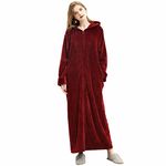 Oksun Womens Dressing Gown Full Length Hooded Robe Plus Size Fleece Winter Warm Soft Bathrobe, Hood-wine Red, UK14-20(label XL)