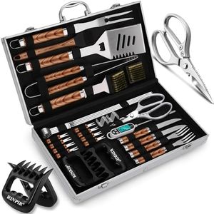 RINPIR 35pcs Deluxe Grilling Gifts Set for Birthday Fathers Day, Stainless Steel BBQ Accessories Kit for Men Dad, Professional Grill Tools Utensils with Scissors, Meat Claws in Aluminum Case Brown