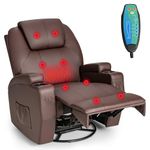 COSTWAY Massage Recliner Chair, Swivel Armchair Reclining Sofa Chair with Rocking Function, Lumbar Heating, Retractable Footrest and Cup Holders, Home Theater Cinema Lounge Chair (Brown, PU Leather)