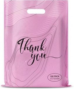 Rainbows & Lilies 100 Thank You Plastic Bags with Handles - 12"W x 15"H Thick Reusable Bulk Shopping Bags for Small Business, Retail, Boutique Shop, Clothes, Gifts, Tshirts, Goodie Party Favors (Pink)