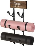 MyGift Wall Mounted Black Metal 3-Tier Yoga Mat Rack/Exercise Mat, Foam Roller Holder with Rustic Burnt Wood Yoga Sign