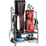 Golf Bag Storage Rack for Garage, VOPEAK Golf Bag Organizer Fit for 2 Golf Bags, Golf Organizer Storage with 2-Tier Side Shelf and Side Basket for Golf Gear, Golf Club Rack Storage for Garage, Shed