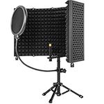 AKOZLIN Microphone Isolation Shield with Tripod Stand & Pop Filter Foldable 5-Panel High Density Absorbent Foam to Filter Vocal for Studio, Podcasts and Broadcasting