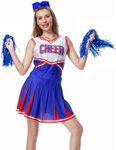 GRAJTCIN Women's Cheerleader Costume Halloween 3-Pieces High School Girl Cheerleading Outfit with Pom Pom(Large, Blue)