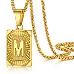 M Pendant Necklace for Men Women Box Chain 18K Gold Plated Big Letter Initial Necklaces M Square Pendant