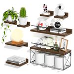 Hoiicco Floating Shelves for Wall Set of 8, Wall Shelves for Decoration and Storage, Bathroom Shelves with Wire Storage Tier, Wood Shelves for Bathroom, Living Room, Bedroom, Kitchen, Decor (Brown)