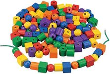 Fun Express Wonderful Wood Lacing Beads with String - Bulk Set of 120 Pieces - Educational and Learning Activities for Kids