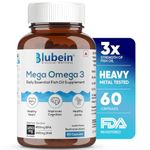 Blubein Mega Omega 3 Fish Oil Capsules for Men & Women, Triple Strength with 1250 mg (450 mg EPA & 300 mg DHA) for Muscle Recovery, Healthy Heart, Joints & Brain - 60 Capsules