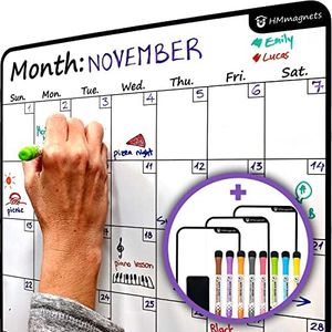 Large Dry-Erase Magnetic Monthly Calendar + Free Bonus: 3 Grocery/to-Do List Whiteboards (Organizer/Planner) for Kitchen Fridge - Full Set: 8 Markers + Eraser | Stain Free | Vertical