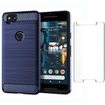 Asuwish Phone Case for Google Pixel 2 with Tempered Glass Screen Protector Cover and Cell Accessories Soft TPU Slim Thin Silicone Rubber Protective Pixel2 Pixle Two G011A Women Men Carbon Fiber Blue