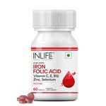 INLIFE Chelated Iron Folic Acid Supplement with Vitamin C, E, B12, Zinc & Selenium for Men Women - 60 Tablets (Pack of 1, 60)