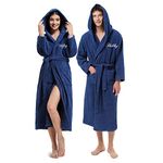 AW BRIDAL 2Pcs Terry Cloth Robe Hooded Bathrobes 100% Cotton Turkish Towel Robe Lightweight with Embroidery for Men Women, Navy Robe - White Wifey/Hubby Monogram, One Size